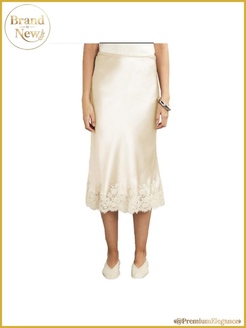 Women Satin Midi Skirt Lace Patchwork Elastic Waist Flowy A-Line Long Skirt